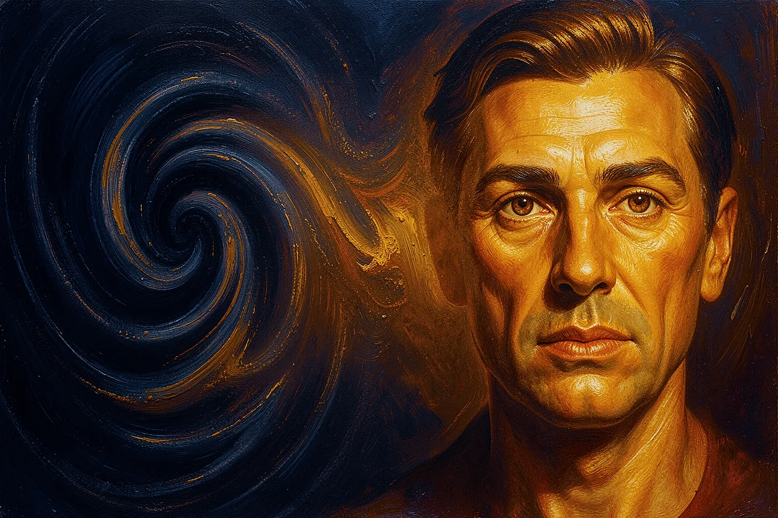 Abstract diffusion process resolving from swirling noise into a crisp luminous portrait