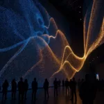 Immersive AI data-sculpture glowing on a museum atrium wall with visitors gazing up