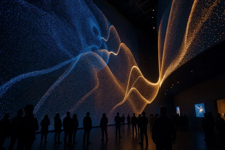 Immersive AI data-sculpture glowing on a museum atrium wall with visitors gazing up