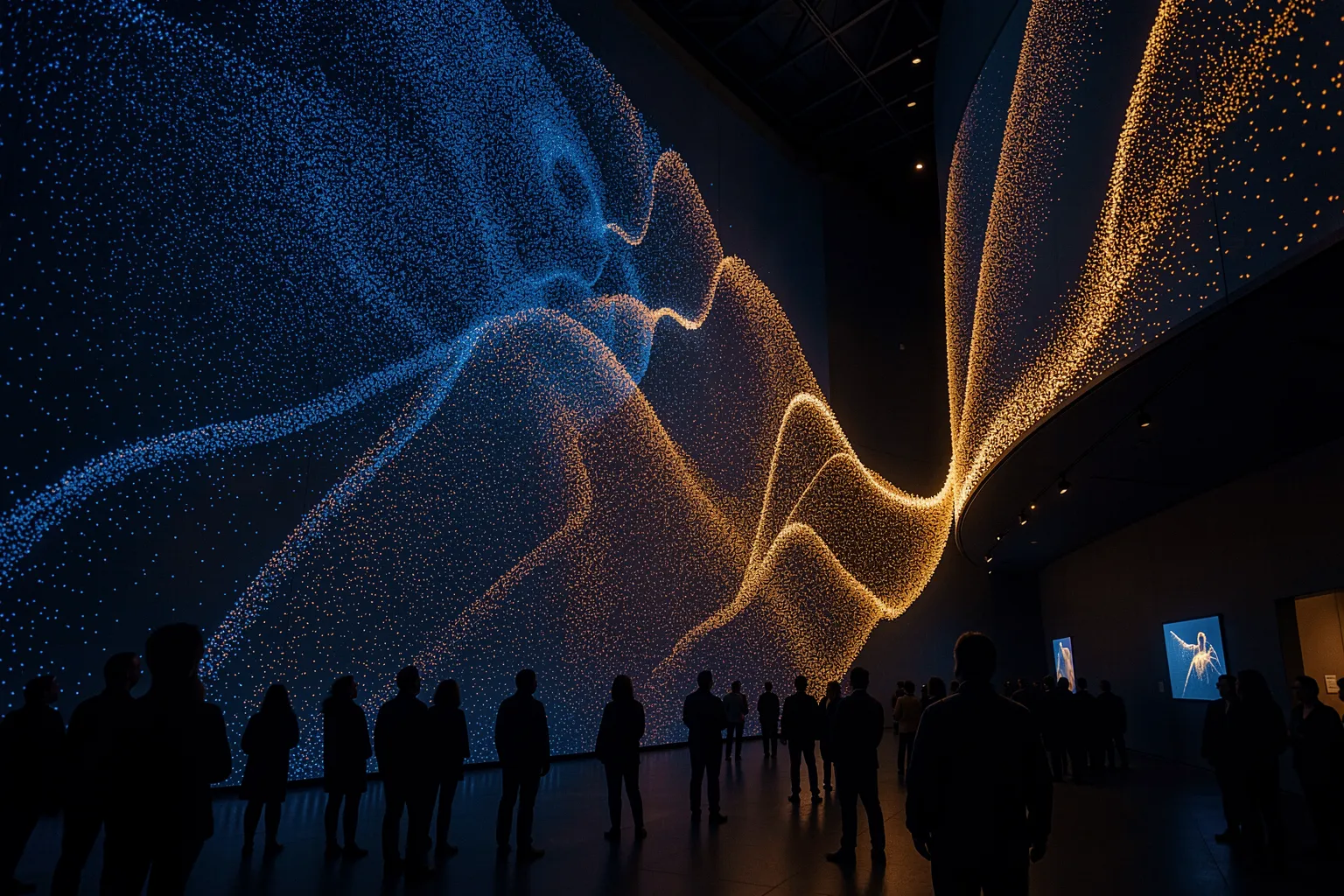 Immersive AI data-sculpture glowing on a museum atrium wall with visitors gazing up