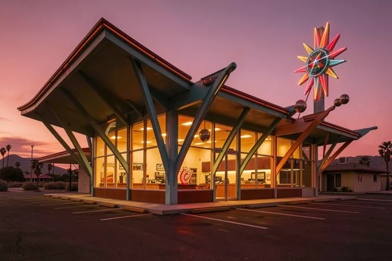 Googie space-age coffee shop at dusk with an upswept roof and neon sign