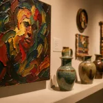 Gallery wall where a textured oil painting meets ceramic vessels and a woven tapestry