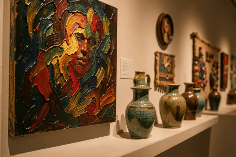 Gallery wall where a textured oil painting meets ceramic vessels and a woven tapestry