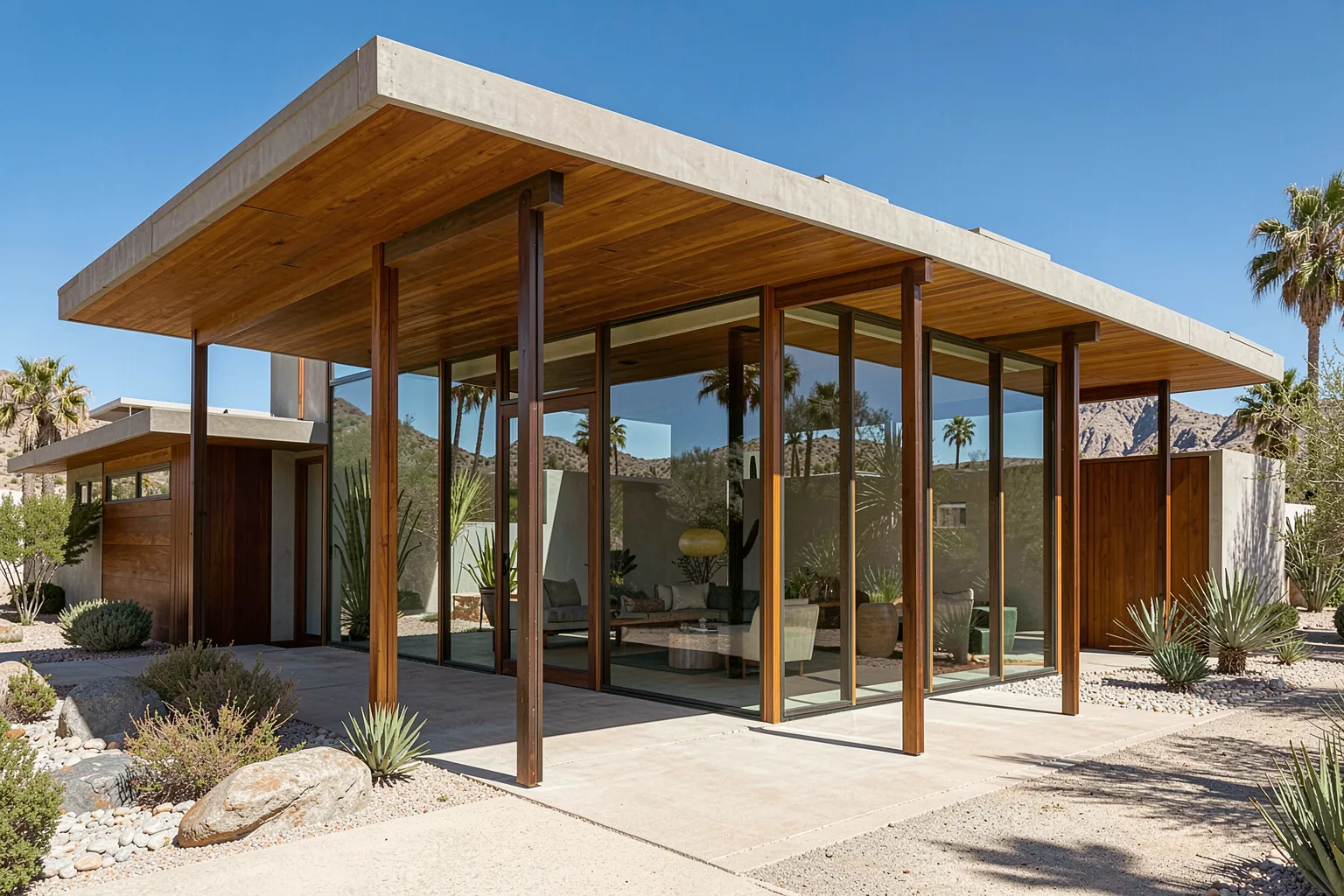 Mid-century modern desert house with flat roof and glass walls at midday