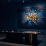 A museum jury table facing a glowing data-art canvas under a spotlight
