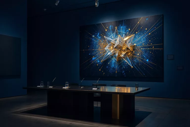 A museum jury table facing a glowing data-art canvas under a spotlight