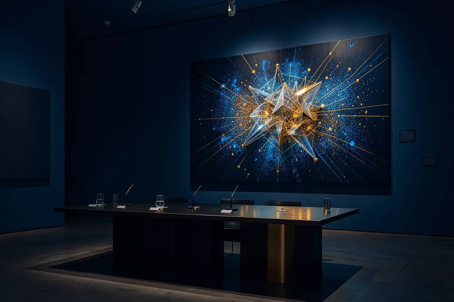 A museum jury table facing a glowing data-art canvas under a spotlight