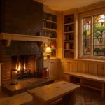 Arts and Crafts movement living room with oak paneling, brick fireplace and ginkgo leaded glass, rendered by AI
