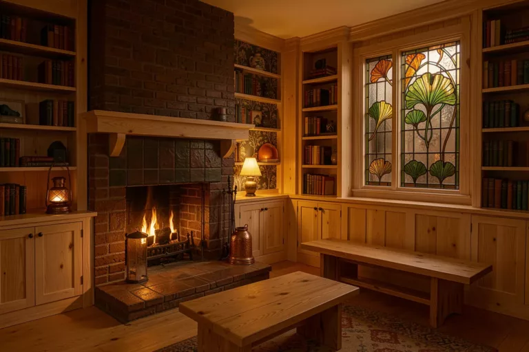 Arts and Crafts movement living room with oak paneling, brick fireplace and ginkgo leaded glass, rendered by AI