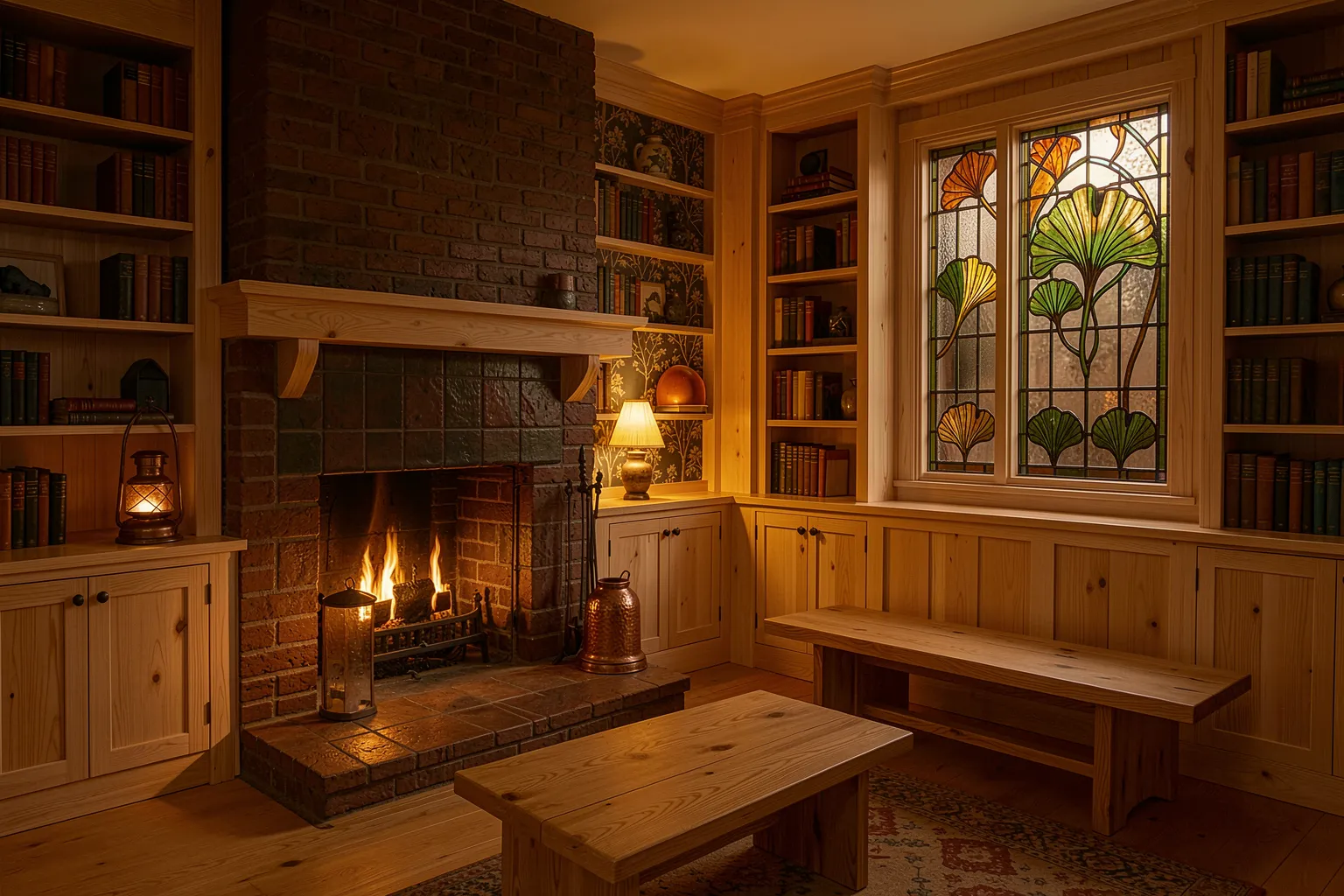 Arts and Crafts movement living room with oak paneling, brick fireplace and ginkgo leaded glass, rendered by AI