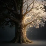 Surreal tree, half solid oak and half pale ash dissolving into glowing particles, illustrating prompt scheduling