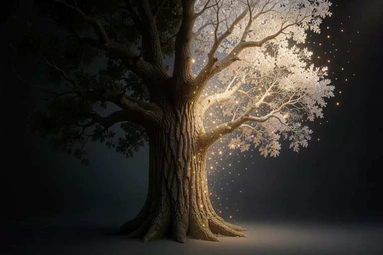 Surreal tree, half solid oak and half pale ash dissolving into glowing particles, illustrating prompt scheduling