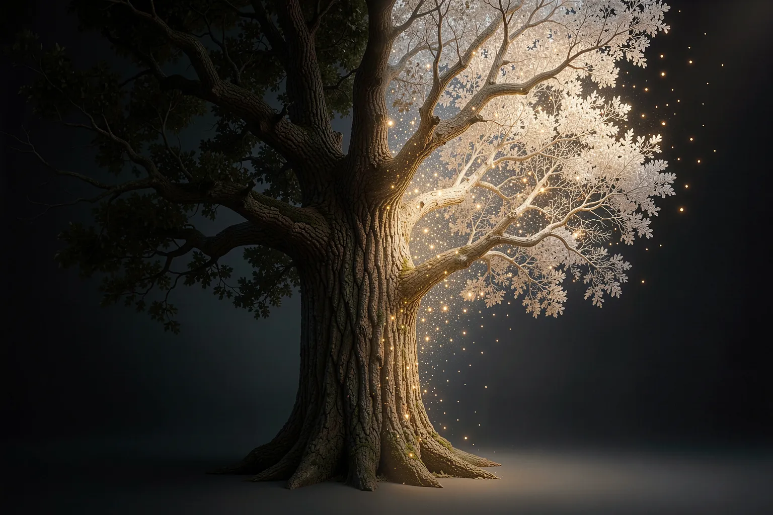 Surreal tree, half solid oak and half pale ash dissolving into glowing particles, illustrating prompt scheduling