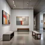 A contemporary gallery interior with abstract paintings under museum spotlighting