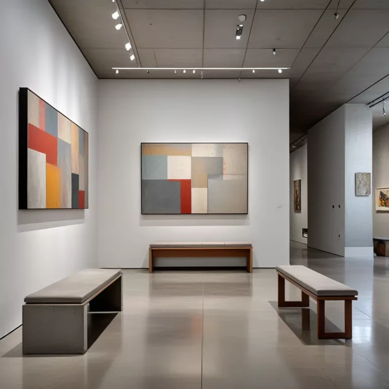 A contemporary gallery interior with abstract paintings under museum spotlighting