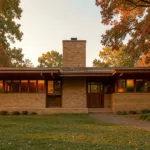Frank Lloyd Wright Prairie School house at golden hour with deep eaves, Roman brick and ribbon windows