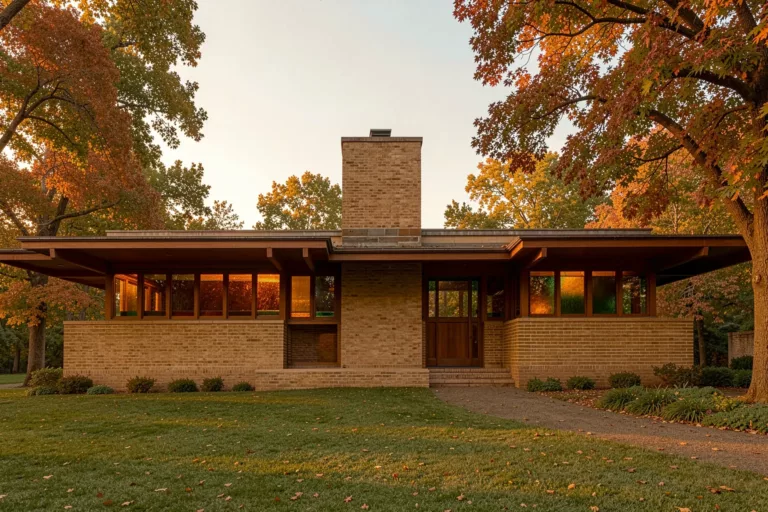 Frank Lloyd Wright Prairie School house at golden hour with deep eaves, Roman brick and ribbon windows