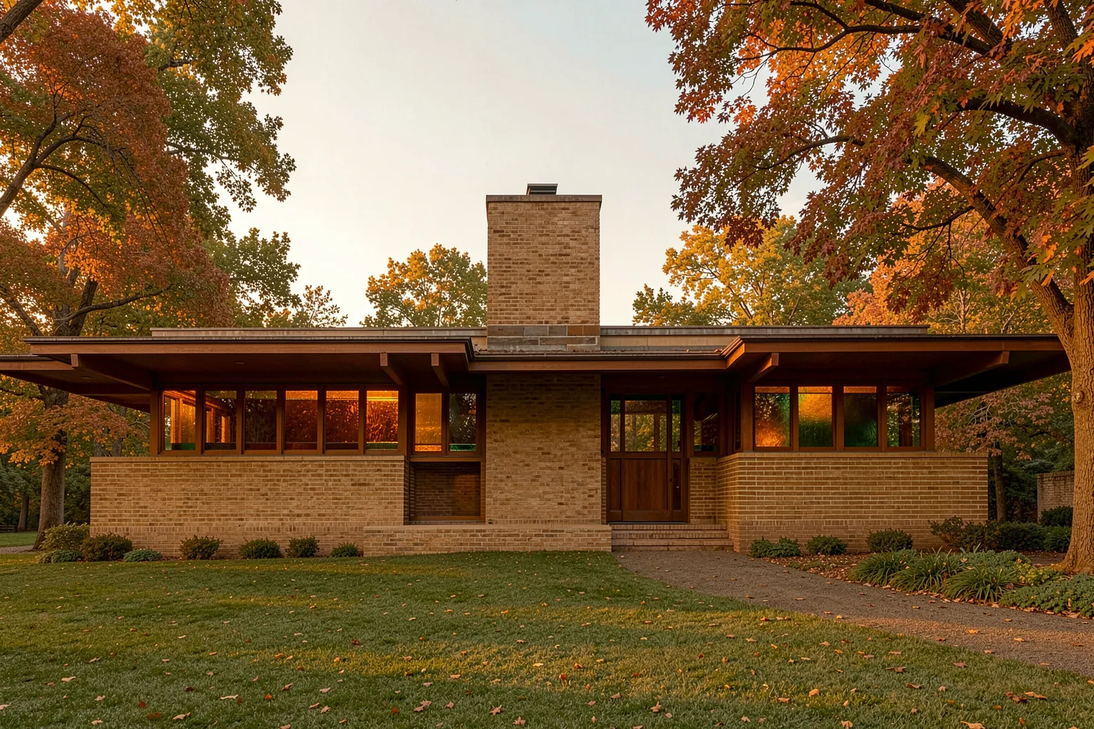 Frank Lloyd Wright Prairie School house at golden hour with deep eaves, Roman brick and ribbon windows