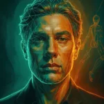 Painterly portrait overlaid with a ControlNet edge mesh and a pose skeleton