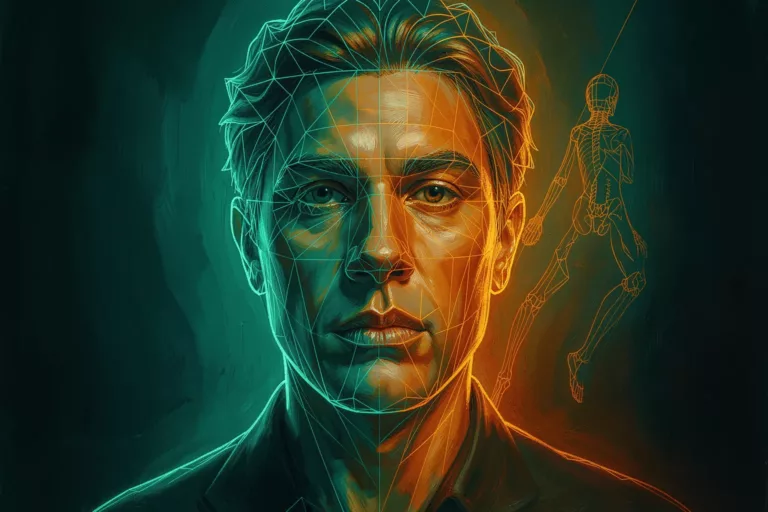 Painterly portrait overlaid with a ControlNet edge mesh and a pose skeleton