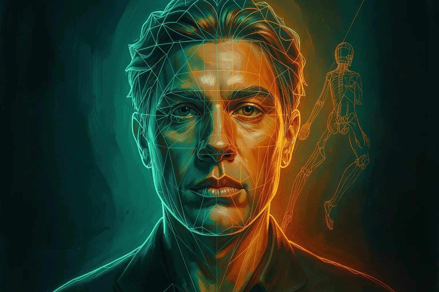 Painterly portrait overlaid with a ControlNet edge mesh and a pose skeleton