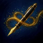 A luminous fountain pen writing a ribbon of golden light that dissolves into digital code