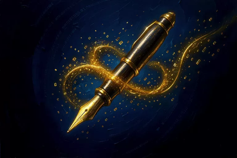 A luminous fountain pen writing a ribbon of golden light that dissolves into digital code