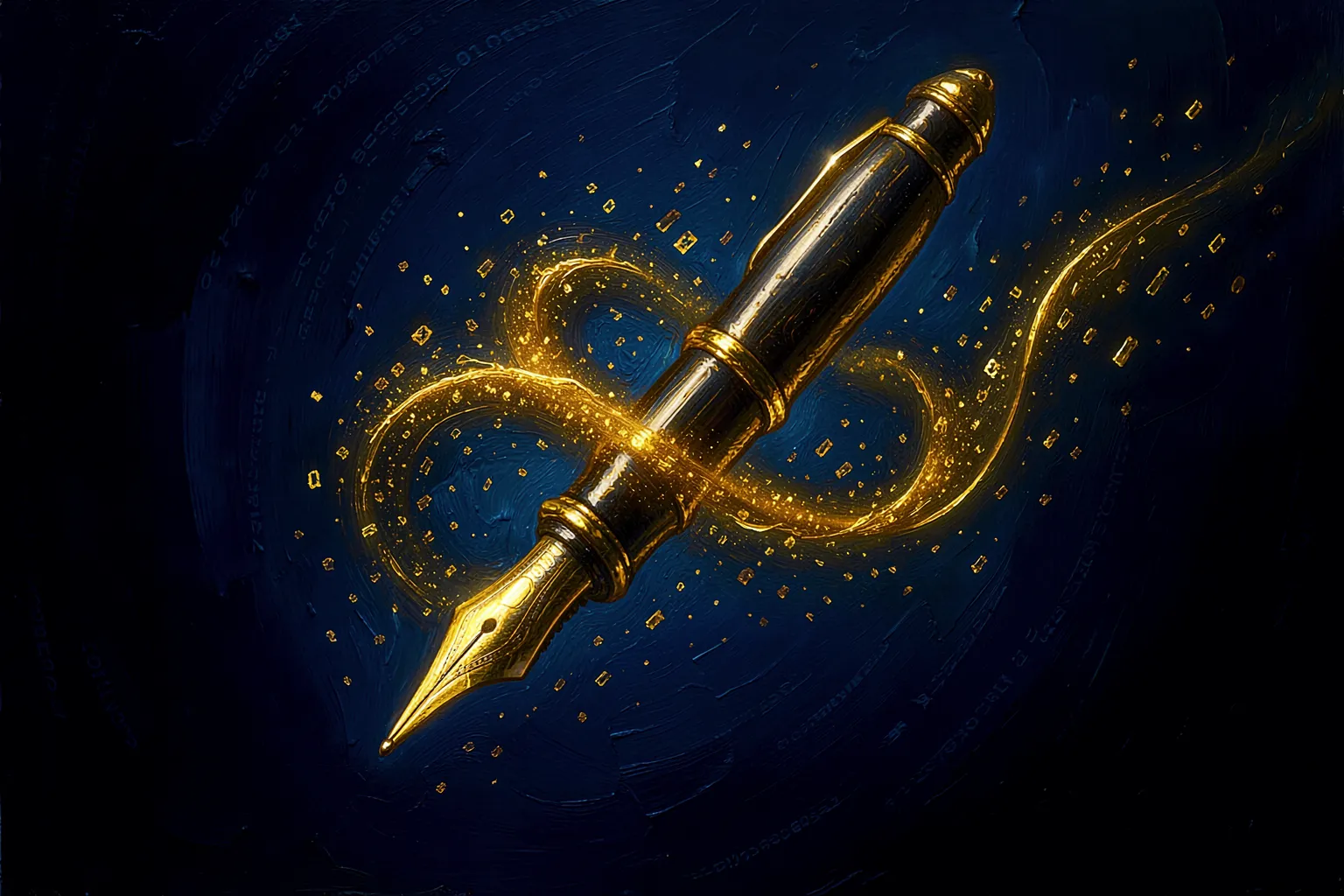A luminous fountain pen writing a ribbon of golden light that dissolves into digital code