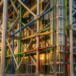 High-Tech architecture building with exposed steel structure and color-coded service pipes