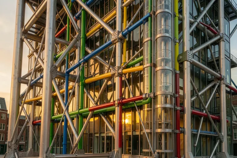 High-Tech architecture building with exposed steel structure and color-coded service pipes