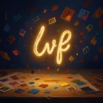Glowing invented word of light above an artist's workbench surrounded by color swatches and image fragments