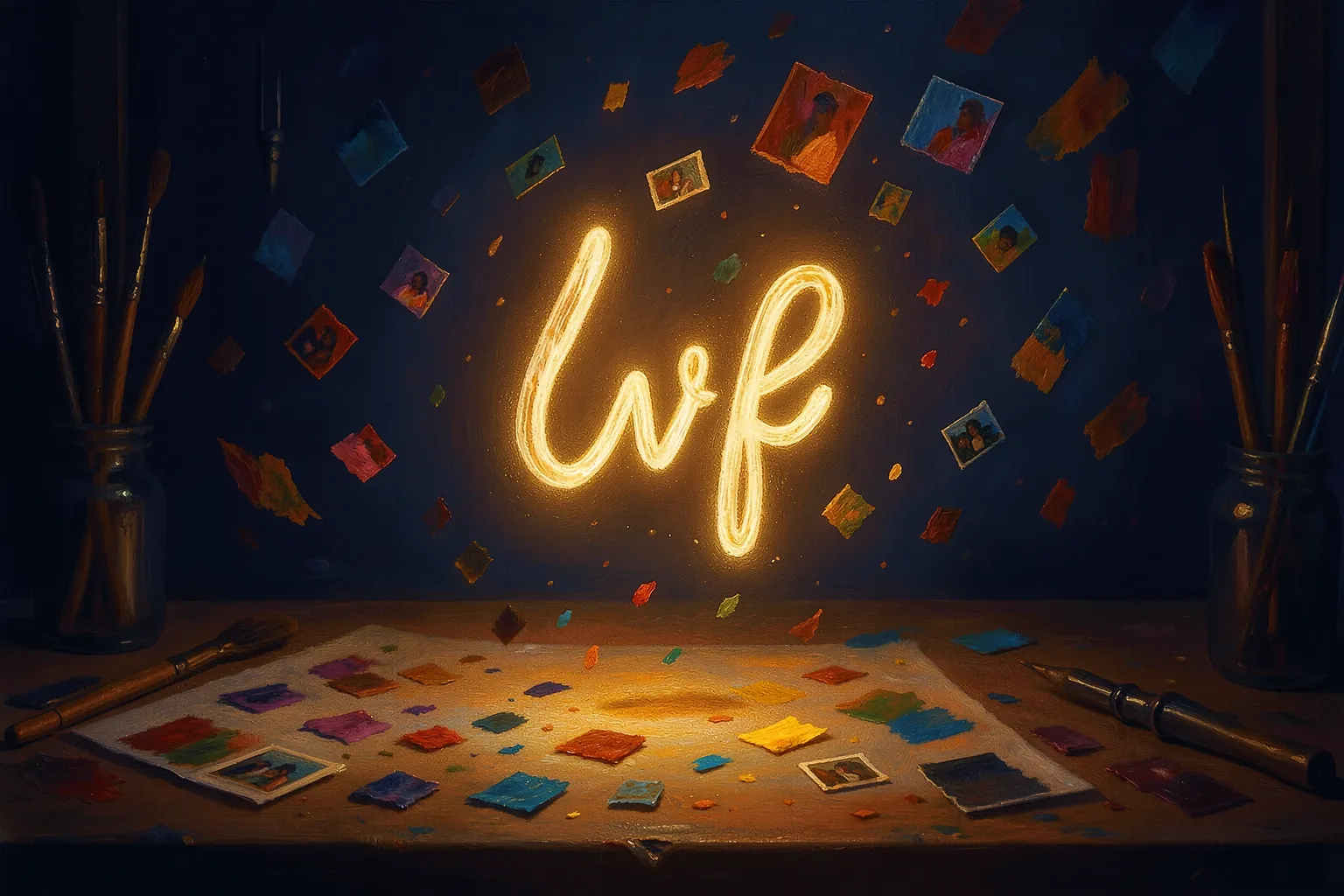 Glowing invented word of light above an artist's workbench surrounded by color swatches and image fragments