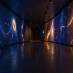 Contemporary art museum gallery showing glowing AI-generated data art