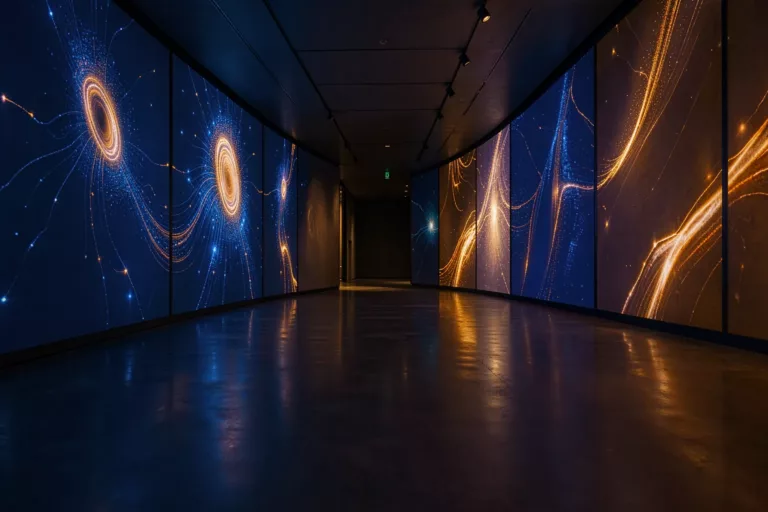 Contemporary art museum gallery showing glowing AI-generated data art