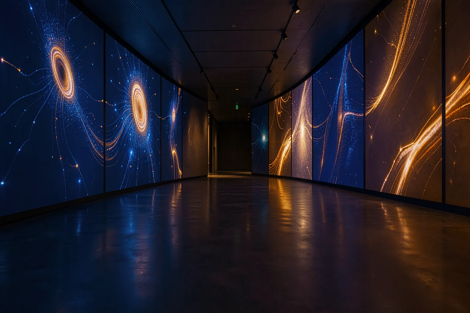 Contemporary art museum gallery showing glowing AI-generated data art